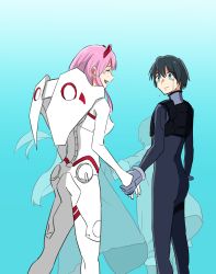 Rule 34 | 10s, 1boy, 1girl, asymmetrical horns, black bodysuit, black hair, blue eyes, bodysuit, breasts, closed eyes, couple, crying, darling in the franxx, formal, gloves, grey gloves, height difference, highres, hiro (darling in the franxx), holding, horns, large breasts, long hair, looking at another, oni horns, pink hair, red bodysuit, red horns, ryuarisato, short hair, spoilers, suit, uneven horns, white gloves, white suit, zero two (darling in the franxx)