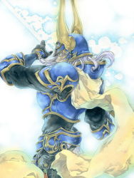 Rule 34 | 1boy, armor, black shirt, blue eyes, breastplate, cape, commentary request, cowboy shot, dissidia final fantasy, fake horns, final fantasy, from side, gauntlets, hand up, helmet, holding, holding sword, holding weapon, horned helmet, horns, issun boushi (ilmtkimoti), long hair, male focus, pouch, shirt, shoulder armor, simple background, solo, sword, traditional media, warrior of light (ff1), watercolor pencil (medium), weapon, white background, white hair