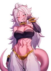 Rule 34 | 1girl, android 21, bracelet, breasts, cleavage, colored skin, detached sleeves, dragon ball, dragon ball fighterz, earrings, female focus, harem pants, highres, jewelry, large breasts, long hair, looking at viewer, majin android 21, muscular, muscular female, nail polish, navel, pants, pink skin, pointy ears, red eyes, solo, strapless, tail, tube top, white hair, zequung