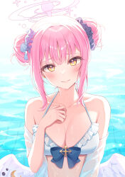 Rule 34 | 1girl, alternate costume, alternate hairstyle, bikini, blue archive, blush, breasts, cleavage, closed mouth, collarbone, commentary request, double bun, feathered wings, frilled bikini, frills, gloria (gloriao3o), hair bun, hair ornament, hair scrunchie, halo, highres, large breasts, looking at viewer, low wings, mika (blue archive), pink hair, pink halo, pool, scrunchie, solo, swimsuit, upper body, water, white bikini, white wings, wing ornament, wings, yellow eyes