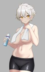 Rule 34 | 1girl, areola slip, armpit crease, bike shorts, bottle, breasts, cleavage, closed mouth, commentary, cowboy shot, grey background, grey hair, groin, hair between eyes, hands up, highres, holding, holding bottle, holding towel, large breasts, light blush, looking at viewer, miyabi (senran kagura), navel, senran kagura, short hair, simple background, slit pupils, solo, standing, stomach, surippa1010, thigh gap, tomboy, topless, towel, towel around neck, water bottle, wavy mouth, yellow eyes