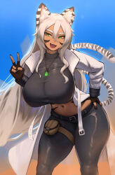 Rule 34 | 1girl, animal ears, belt, borrowed character, breasts, brown nails, commission, crop top, dark-skinned female, dark skin, facial mark, fang, fingerless gloves, gloves, green eyes, hand on own hip, highres, jacket, jewelry, large breasts, leaning forward, long hair, midriff, navel, open clothes, open jacket, open mouth, original, pants, pendant, pouch, roresu, shirt, skin fang, smile, solo, tail, taut clothes, taut shirt, thick eyebrows, thigh pouch, tiger ears, tiger girl, tiger tail, tight clothes, tight shirt, v, very long hair, white belt, white hair