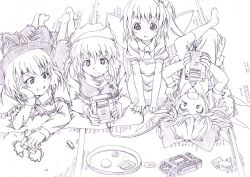 Rule 34 | 4girls, barcode battler, barefoot, battery, breasts, cable, cirno, daiyousei, dress, artistic error, game boy, game boy (original), graphite (medium), handheld game console, hat, hat ribbon, letty whiterock, long sleeves, lying, monochrome, multiple girls, nagae iku, on back, on stomach, open mouth, playing games, puffy sleeves, ribbon, short hair, short sleeves, sitting, socks, sweatdrop, touhou, traditional media, tray, wings, wrr, wrwr