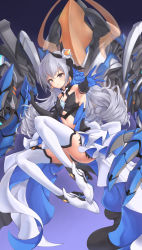 Rule 34 | 1girl, absurdres, bare shoulders, blue eyes, blush, bow, breasts, bronya zaychik, commentary request, dress, drill hair, gloves, hair between eyes, hair bow, hair ornament, highres, honkai (series), honkai impact 3rd, jewelry, long hair, looking at viewer, miso (b7669726), silver hair, small breasts, smile, solo, thighhighs, twin drills