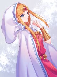 Rule 34 | 1girl, belt, blue eyes, blush, bracer, cape, circlet, commentary request, dress, earrings, forehead jewel, gem, hand up, hood, hood up, hooded cape, jewelry, looking afar, looking away, miri (cherryjelly), nintendo, parted bangs, parted lips, pink dress, princess zelda, red gemstone, smile, solo, super smash bros., the legend of zelda, the legend of zelda: a link between worlds, the legend of zelda: a link to the past, two-tone background, white cape