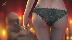Rule 34 | 1boy, 1girl, ass, bald, black panties, blurry, candle, candlelight, close-up, depth of field, ghostblade, jewelry, light, lingerie, original, panties, ring, tattoo, thigh gap, underwear, underwear only, wlop