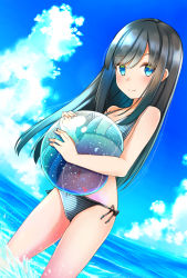 Rule 34 | 1girl, asashio (kancolle), ball, beachball, bikini, black hair, blue eyes, blue sky, blush, breasts, closed mouth, cloud, cloudy sky, comah, day, hair between eyes, highres, kantai collection, long hair, looking at viewer, ocean, outdoors, side-tie bikini bottom, sky, small breasts, smile, striped bikini, striped clothes, swimsuit, thighs