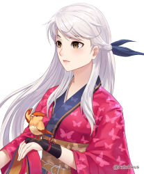 Rule 34 | 1girl, absurdres, animal print, aztodeus, aztodio, bangle, bird, black gloves, bracelet, butterfly print, fingerless gloves, fire emblem, fire emblem: radiant dawn, fire emblem heroes, gloves, hair ribbon, half updo, highres, japanese clothes, jewelry, kimono, long hair, looking to the side, micaiah (fire emblem), nintendo, obi, official alternate costume, ribbon, sash, silver hair, simple background, solo, summer festival, upper body, white background, yellow eyes, yukata, yune (fire emblem)