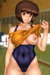 Rule 34 | 1girl, bare shoulders, blush, breast slip, breasts, brown eyes, brown hair, cameltoe, cleft of venus, clothes lift, collarbone, covered erect nipples, highres, legs, leotard, looking at viewer, nipples, no bra, one breast out, ranma 1/2, sakuradou, shirt lift, short hair, skin tight, smile, solo, standing, tendou nabiki, thighs