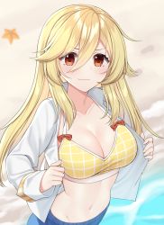 Rule 34 | 1girl, alternate breast size, beach, bikini, bikini top only, bikini under clothes, blonde hair, bow, bow swimsuit, breasts, cleavage, commentary, english commentary, girls&#039; frontline, gold trim, hair between eyes, highres, large breasts, light blush, light smile, long hair, long sleeves, looking at viewer, mod3 (girls&#039; frontline), nagant revolver (girls&#039; frontline), nagant revolver (mod3) (girls&#039; frontline), navel, no headwear, open clothes, open shirt, red bow, red eyes, rynzfrancis, sand, shirt, sidelocks, solo, starfish, swimsuit, swimsuit under clothes, undressing, water, white shirt, yellow bikini
