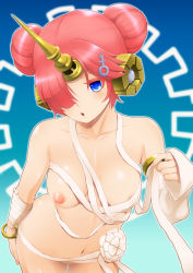 Rule 34 | 1girl, :o, bandages, blue eyes, blush, bracelet, breasts, breasts out, detached sleeves, double bun, fate/grand order, fate (series), frankenstein&#039;s monster (fate), frankenstein&#039;s monster (swimsuit saber) (fate), frankenstein&#039;s monster (swimsuit saber) (third ascension) (fate), hair bun, hair ornament, hair over one eye, hairclip, highres, horns, jewelry, looking at viewer, navel, nipples, pink hair, short hair, single horn, small breasts, solo, tomatto (@ma!)