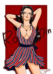 Rule 34 | 1girl, 40one syuka, arm behind head, armpits, bare arms, bare shoulders, black hair, breasts, cleavage, dress, earrings, female focus, glasses, glasses on head, glasses removed, grey eyes, jewelry, large breasts, lipstick, long hair, makeup, nico robin, one piece, one piece: two years later, orange lips, piercing, red background, red lips, short dress, solo, striped clothes, striped dress, sunglasses, sunglasses on head, twitter, vertical-striped clothes, vertical-striped dress