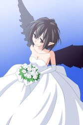 Rule 34 | 1girl, bare shoulders, black hair, black wings, blue background, bouquet, breasts, cleavage, dress, elbow gloves, female focus, flower, formal, gloves, pointy ears, seren (staphy), shameimaru aya, short hair, smile, solo, strapless, strapless dress, touhou, wedding dress, wings