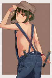Rule 34 | 1girl, alternate costume, blush, breasts, brown eyes, brown hat, denim, from behind, green hair, hat, head tilt, holding, holding torpedo, kantai collection, makio (makiomeigenbot), naked overalls, overalls, pocket, short hair, sideboob, signature, simple background, small breasts, solo, takanami (kancolle), torpedo, two-tone background