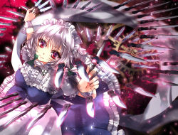 Rule 34 | 1girl, between fingers, braid, danmaku, gears, holding, holding knife, izayoi sakuya, knife, knives between fingers, lilithbloody, maid headdress, red eyes, silver hair, solo, too many, too many knives, touhou, twin braids