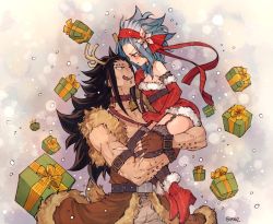 Rule 34 | 1girl, animal costume, antlers, black hair, black thighhighs, blue hair, blush, boots, box, brown gloves, dress, elbow gloves, eye contact, fairy tail, fingerless gloves, fur trim, gajeel redfox, garter straps, gift, gift box, gloves, grey pants, headband, holding person, horns, levy mcgarden, long hair, looking at another, nose piercing, pants, piercing, red dress, red footwear, red gloves, red ribbon, reindeer antlers, reindeer costume, ribbon, rusky, santa boots, santa costume, short dress, signature, sleeveless, sleeveless dress, strapless, strapless dress, thighhighs, tongue, tongue out, very long hair