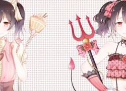Rule 34 | 10s, 1girl, argyle, argyle background, argyle clothes, bare shoulders, black hair, bow, camisole, choker, closed mouth, collarbone, corset, cupcake, demon tail, detached sleeves, dual persona, earrings, evil grin, evil smile, fang, flower, food, grin, hair bow, highres, jewelry, lace, lace choker, looking at viewer, love live!, love live! school idol festival, love live! school idol project, pink bow, pitchfork, puffy short sleeves, puffy sleeves, red eyes, red flower, red rose, ribbon-trimmed sleeves, ribbon trim, rose, short sleeves, smile, staff, tail, tohoko kiri, whipped cream, wu, yazawa nico