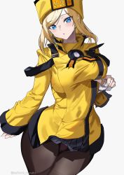 Rule 34 | 1girl, absurdres, ashiomi masato, belt, blonde hair, blue eyes, blush, breasts, fingerless gloves, fur hat, gloves, guilty gear, guilty gear xrd, hand on own chest, hat, highres, license plate, long hair, looking at viewer, medium breasts, millia rage, pantyhose, simple background, solo, staring, twitter username, ushanka, white background, white gloves