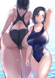 Rule 34 | 1girl, aldehyde, ass, back, backboob, bare shoulders, black hair, blue eyes, blue one-piece swimsuit, blush, breasts, collarbone, covered navel, forehead, highleg, highleg swimsuit, highres, large breasts, looking at viewer, mature female, one-piece swimsuit, open mouth, original, parted bangs, swimsuit, thighs, wet