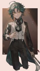 Rule 34 | 1boy, ahoge, black hair, black pants, closed mouth, cropped legs, eyeshadow, facial mark, forehead mark, genshin impact, green hair, hair between eyes, highres, holding, jewelry, long sleeves, looking at viewer, makeup, male focus, multicolored hair, pants, red eyeshadow, signature, solo, vest, white vest, xiao (genshin impact), yellow eyes, zaso