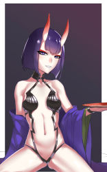 Rule 34 | 1girl, alcohol, bare shoulders, bob cut, border, breasts, collarbone, cup, eyeliner, fate/grand order, fate (series), gradient background, grey background, highres, horns, huitu xigai, japanese clothes, kimono, long sleeves, looking at viewer, makeup, navel, off shoulder, oni, open clothes, open kimono, parted lips, purple eyes, purple hair, purple kimono, revealing clothes, sakazuki, sake, short hair, shuten douji (fate), sitting, skin-covered horns, small breasts, smile, thighs, white border, wide sleeves