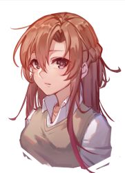 Rule 34 | 1girl, asuna (sao), black eyes, brown hair, brown sweater, hair between eyes, long hair, looking at viewer, parted lips, shirt, simple background, sketch, solo, sora (zwz030), sweater vest, sword art online, upper body, white background, white shirt