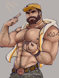 Rule 34 | 1boy, abs, absurdres, alternate costume, arm hair, artist name, bara, bare pectorals, baseball cap, beard, belt, brown hair, chest hair, cowboy shot, cropped jacket, facial hair, graves (league of legends), hair slicked back, hairy, hat, highres, index finger raised, large pectorals, league of legends, male focus, mature male, muscular, muscular male, navel, navel hair, nipples, pectorals, second-party source, short hair, sideburns, solo, stomach, thick eyebrows, thick mustache, vanillanena