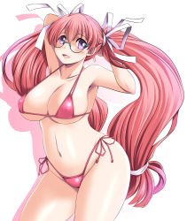 Rule 34 | 1girl, armpits, arms up, bikini, blush, breasts, cleavage, covered navel, curvy, covered erect nipples, female focus, glasses, large breasts, log-mi (tonpuu), long hair, open mouth, original, pink hair, purple eyes, shadow, side-tie bikini bottom, simple background, smile, solo, swimsuit, thick thighs, thighs, tonpuu, very long hair, white background, wide hips
