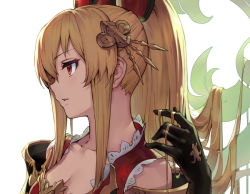 Rule 34 | 10s, 1girl, armor, black gloves, blonde hair, breasts, cleavage, collarbone, eyelashes, gloves, gou (ga673899), granblue fantasy, hair ornament, hand in own hair, haoni, lace trim, long hair, looking away, medium breasts, parted lips, ponytail, portrait, profile, red eyes, solo, vira (granblue fantasy), white background