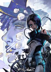 Rule 34 | 1boy, 1girl, absurdres, animification, apex legends, artist name, black gloves, black hair, blue eyes, blue hair, bodysuit, breasts, cable, catalyst (apex legends), clothing cutout, commentary, crescent, dreadlocks, english commentary, expressionless, gloves, hat, highres, lip piercing, looking ahead, looking at viewer, medium breasts, multicolored hair, piercing, ritskyz, seer (apex legends), shoulder cutout, streaked hair, white bodysuit