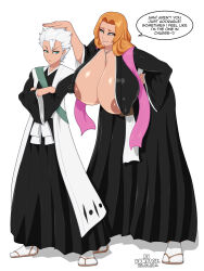 Rule 34 | 1boy, 1girl, aqua eyes, areola slip, artist name, bleach, blue eyes, breasts, cleavage, commentary, covered erect nipples, crossed arms, dated, english commentary, english text, full body, hand on another&#039;s head, hitsugaya toushirou, huge breasts, japanese clothes, long hair, matsumoto rangiku, orange hair, rampage (leedash2), sandals, short hair, simple background, socks, speech bubble, watermark, white background, white hair, white socks