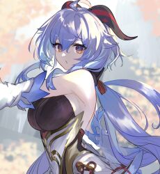 Rule 34 | 1girl, ahoge, bare shoulders, blue hair, bow, breasts, detached sleeves, from side, ganyu (genshin impact), genshin impact, gold trim, highres, horns, jazztaki, large breasts, long hair, looking at viewer, low ponytail, open mouth, purple eyes, sidelocks, solo, upper body, vision (genshin impact), white sleeves