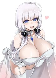 Rule 34 | 1girl, :d, ahoge, asanagi, azur lane, bare shoulders, blue eyes, blunt bangs, blush, breasts, cleavage, clothes lift, collarbone, commentary request, dress, dress lift, elbow gloves, eyelashes, garter straps, gloves, hair ribbon, heart, highres, huge breasts, illustrious (azur lane), leaning forward, lifted by self, long hair, looking at viewer, mole, mole under eye, nose blush, open mouth, ribbon, shiny skin, simple background, smile, solo, standing, strapless, strapless dress, thighhighs, thighs, tress ribbon, tri tails, very long hair, white background, white dress, white gloves, white hair, white theme, white thighhighs
