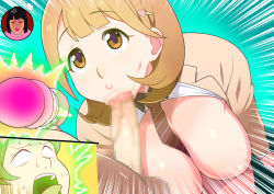 Rule 34 | 10s, 1girl, :&gt;=, bare legs, between breasts, blonde hair, bottomless, breasts, breasts out, censored, diagonal-striped neckwear, energy gun, eyebrows, fellatio, gamon yuuta, huge breasts, kneeling, legs, looking up, mosaic censoring, narusawa ryouka, necktie, no bra, no panties, occultic;nine, open clothes, open mouth, oral, penis, ray gun, short hair, simple background, striped neckwear, stun gun, tetrodotoxin, thighs, tongue, unbuttoned, weapon, yellow eyes