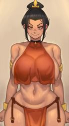 Rule 34 | 1girl, absurdres, alternate breast size, armlet, avatar: the last airbender, avatar legends, azula, bare shoulders, black hair, bracelet, breasts, choker, commentary, crop top, crop top overhang, curvy, hair bun, highres, jewelry, kelvin hiu, large breasts, looking at viewer, midriff, pelvic curtain, short hair, smile, solo, standing, stomach, topknot, tsurime, wide hips