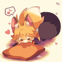 Rule 34 | 10s, 1girl, aburaage, animal ear fluff, animal ears, black gloves, blush, chibi, closed mouth, eighth note, closed eyes, ezo red fox (kemono friends), food, food in mouth, fox ears, fox girl, fox tail, fur-trimmed sleeves, fur trim, gloves, heart, jacket, kemono friends, light brown hair, long hair, long sleeves, mouth hold, musical note, muuran, no shoes, orange jacket, orange pantyhose, pantyhose, pleated skirt, signature, skirt, solo, spoken musical note, tail, very long hair, white skirt