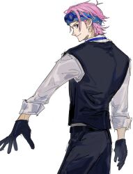 Rule 34 | 1boy, black gloves, black pants, blue headband, commentary, cowboy shot, eyewear on head, gj8ar, gloves, headband, highres, koby (one piece), light smile, looking at viewer, looking back, male focus, one piece, one piece film: red, pants, pink hair, shirt, sideburns, solo, waistcoat, white background, white shirt