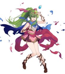 Rule 34 | 1girl, alternate costume, armor, boots, breastplate, brown footwear, cape, dress, female focus, fire emblem, fire emblem: mystery of the emblem, fire emblem heroes, full body, gold trim, green eyes, green hair, highres, jewelry, long hair, matching hair/eyes, necklace, necomi, nintendo, non-web source, official alternate costume, official art, one eye closed, pink dress, pointy ears, ponytail, short dress, sleeveless, solo, stone, tiara, tiki (fire emblem), tiki (young) (fire emblem), torn clothes, transparent background, wince