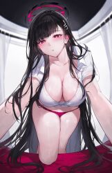 Rule 34 | 1girl, all fours, alternate costume, black hair, black halo, blue archive, blurry, blurry background, blush, breasts, bright pupils, cleavage, commentary request, hair ornament, hairpin, halo, highres, indoors, large breasts, long hair, looking at viewer, mechanical halo, midriff, panties, qiandaiyiyu, red eyes, red panties, rio (blue archive), shirt, solo, thighs, underwear, very long hair, white pupils, white shirt