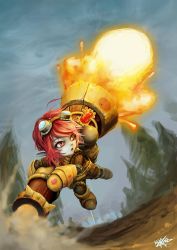 Rule 34 | 1girl, :o, armor, artist request, blue skin, colored skin, explosion, goggles, highres, league of legends, pointy ears, red eyes, red hair, riot girl tristana, short hair, smiley face, solo, tree, tristana, yordle