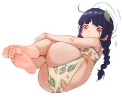 Rule 34 | 1girl, absurdres, ass, barefoot, black hair, blue archive, blush, braid, feet, highres, looking at viewer, miyu (blue archive), miyu (swimsuit) (blue archive), ong hair, red eyes, soles, swimsuit, tedv2227, toes