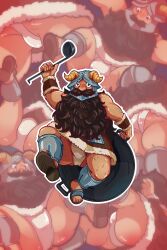 Rule 34 | 1boy, absurdres, ass, bara, beard, blush, body blush, brown hair, bulge, derivative work, dungeon meshi, dwarf, facial hair, fake horns, fat, fat man, helmet, highres, holding, holding ladle, horned helmet, horns, ladle, long beard, looking at viewer, lying, male focus, merchandise available, multiple views, mustache, on stomach, outline, parody, screenshot redraw, senshi (dungeon meshi), shiny skin, sparse arm hair, sparse leg hair, spread legs, thick mustache, thighs, trashchaser, very long beard, walking, white outline
