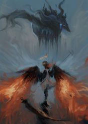 Rule 34 | 1girl, absurdres, bad id, bad twitter id, black legwear, black wings, brown hair, commentary request, eldritch abomination, facing away, feathered wings, fiery hair, fiery wings, fire, flaming halo, from behind, glowing, glowing eyes, halo, highres, imminent fight, multicolored hair, original, red hair, scythe, shake (shyakep), standing, two-tone hair, wings