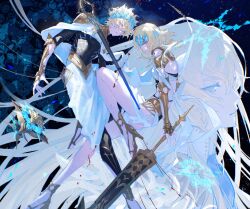 Rule 34 | 1girl, 2boys, armor, ascot, black leggings, black shirt, blonde hair, blood, blood on face, blue ascot, blue brooch, brother and sister, cape, castor (fate), chakram, closed mouth, collar, commentary, diadem, fate/grand order, fate (series), feathers, floating, floating object, floating sword, floating weapon, gauntlets, gold footwear, grey eyes, hair between eyes, high collar, high heels, highres, jacket, kirschtaria wodime, knee up, leggings, light particles, long hair, looking at viewer, looking down, looking to the side, metal collar, multiple boys, outstretched hand, parted lips, pollux (fate), purple eyes, robe, sandals, shirt, short hair, shoulder armor, siblings, staff, sword, twins, twintails, uda (xax 057), weapon, white cape, white feathers, white jacket, white robe