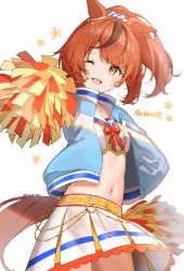 Rule 34 | 1girl, animal ears, belt, blue jacket, breasts, brown hair, commentary, cowboy shot, crop top, high collar, holding, holding pom poms, horse ears, horse girl, horse tail, jacket, koishi (kiwi0314), layered skirt, long sleeves, looking at viewer, midriff, multicolored hair, navel, nice nature (run&amp;win) (umamusume), nice nature (umamusume), one eye closed, open clothes, open jacket, open mouth, pom pom (cheerleading), pom poms, ponytail, shirt, simple background, skirt, small breasts, smile, solo, streaked hair, sweat, tail, twitter username, umamusume, white background, white shirt, white skirt, yellow eyes