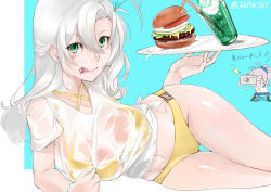 Rule 34 | 10s, 2girls, aoba (kancolle), arm support, bad id, bad pixiv id, bikini, blush, bracelet, burger, camera, criss-cross halter, drink, food, green eyes, halterneck, iapoc, jewelry, kantai collection, kinugasa (kancolle), licking lips, long hair, looking at viewer, lying, midriff, multiple girls, navel, o-ring, o-ring top, on side, outside border, see-through, shiny skin, shirt, silver hair, simple background, skindentation, swimsuit, swimsuit under clothes, thigh gap, thighs, tied shirt, tongue, tongue out, tray, wet, wet clothes, yellow bikini