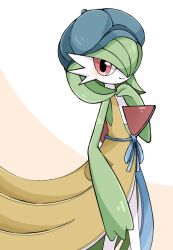 Rule 34 | 1girl, arm at side, blue dress, blue hat, blush, bob cut, cabbie hat, closed mouth, clothed pokemon, creatures (company), dress, female focus, game freak, gardevoir, gardevoir (cafe), gen 3 pokemon, green hair, hair over one eye, hand up, happy, hat, highres, jpeg artifacts, looking at viewer, nintendo, one eye covered, pokemon, pokemon (creature), pokemon unite, red eyes, short hair, simple background, sleeveless, sleeveless dress, smile, solo, standing, suzu (pixiv 32232702), two-tone background, two-tone dress, white background, yellow dress