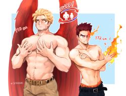 Rule 34 | 2boys, abs, bara, beard, beige pants, belt, blonde hair, blue eyes, blue pants, boku no hero academia, bulge, endeavor (boku no hero academia), facial hair, fire, flaming hand, hawks (boku no hero academia), height conscious, height difference, highres, large pectorals, male focus, mature male, multiple boys, muscular, muscular male, navel, navel hair, nipples, pants, pectorals, red hair, red wings, scar, scar across eye, scar on face, topless male, short hair, sideburns, spiked hair, spindahs, stubble, switch, toned, toned male, upper body, wings