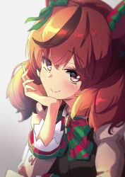 Rule 34 | 1girl, blurry, blurry background, bow, brown dress, brown eyes, closed mouth, commentary, dress, ear covers, ear ornament, green bow, hair between eyes, head rest, highres, horse girl, kyabetsuman, long sleeves, looking at viewer, medium hair, nice nature (umamusume), red bow, red hair, smile, solo, striped, striped bow, umamusume, upper body