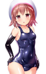 Rule 34 | 1girl, :o, blue one-piece swimsuit, blush, brown eyes, brown hair, elbow gloves, gloves, hand on own hip, hat, highres, looking at viewer, naka (cheeseyeast), one-piece swimsuit, original, paid reward available, school swimsuit, shiny clothes, shiny skin, short hair, solo, swimsuit, white background